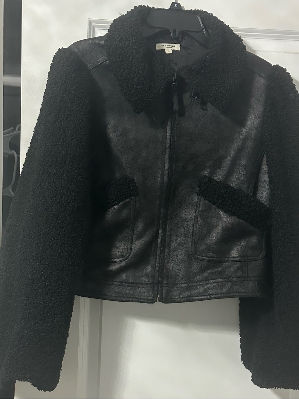 Max Studio Black Faux Leather & Sherpa Trim Jacket